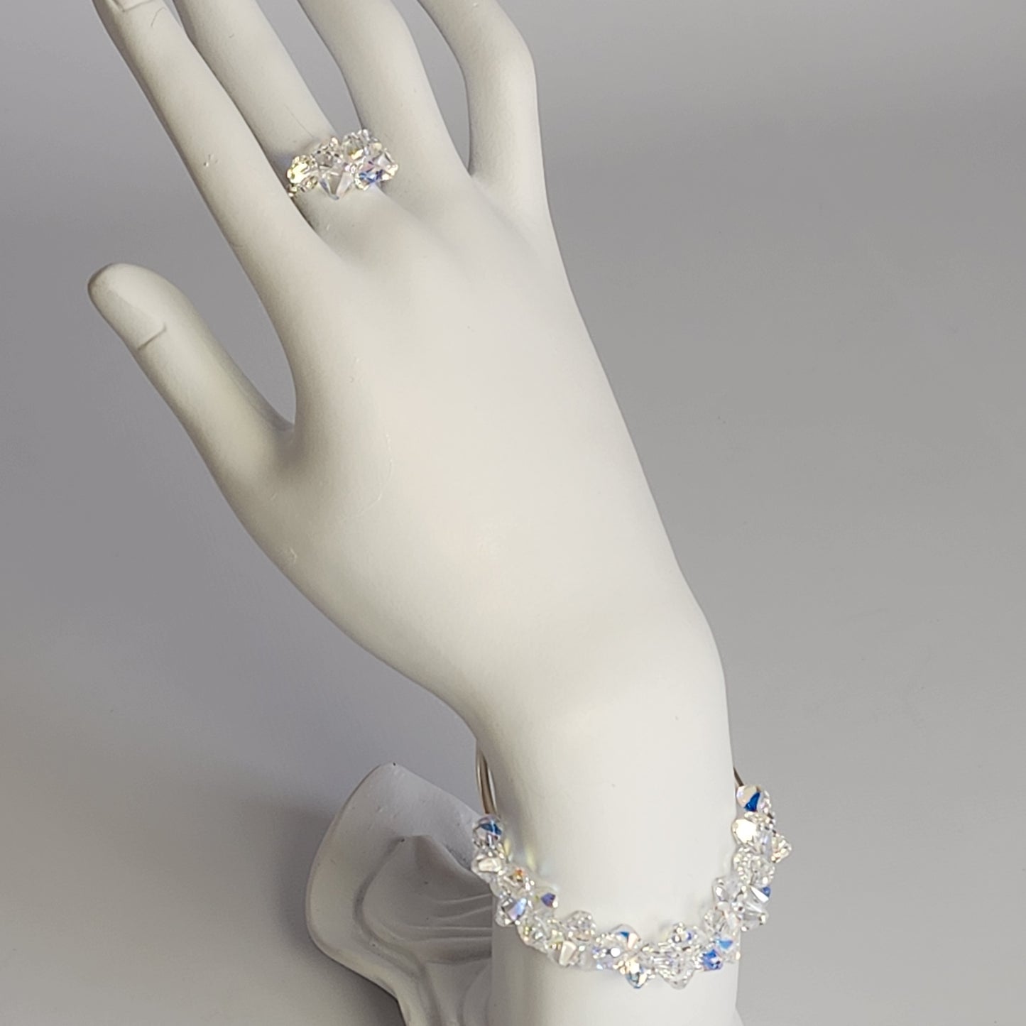 Conjunto Pulsera Anillo Aro Cristal Swarovski Elements Aurora Boreal Plata 925