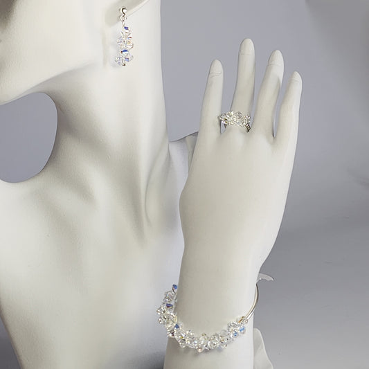 Conjunto Pulsera Anillo Aro Cristal Swarovski Elements Aurora Boreal Plata 925