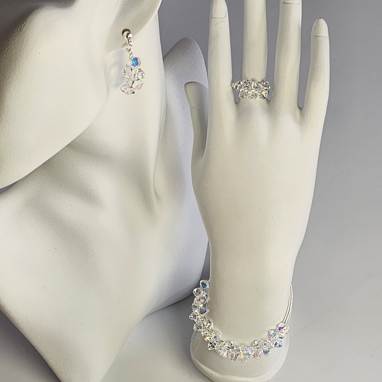 Conjunto Pulsera Anillo Aro Cristal Swarovski Elements Aurora Boreal Plata 925