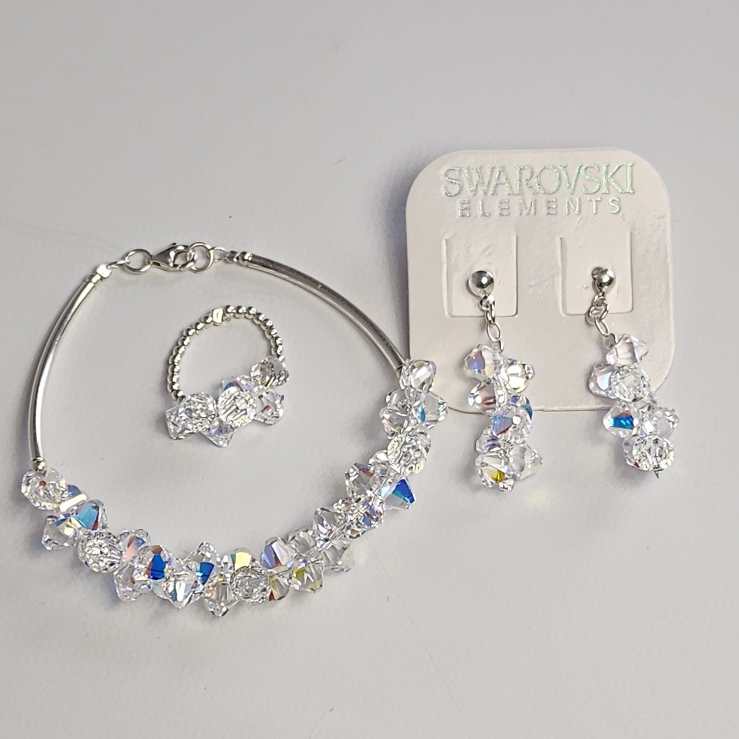 Conjunto Pulsera Anillo Aro Cristal Swarovski Elements Aurora Boreal Plata 925