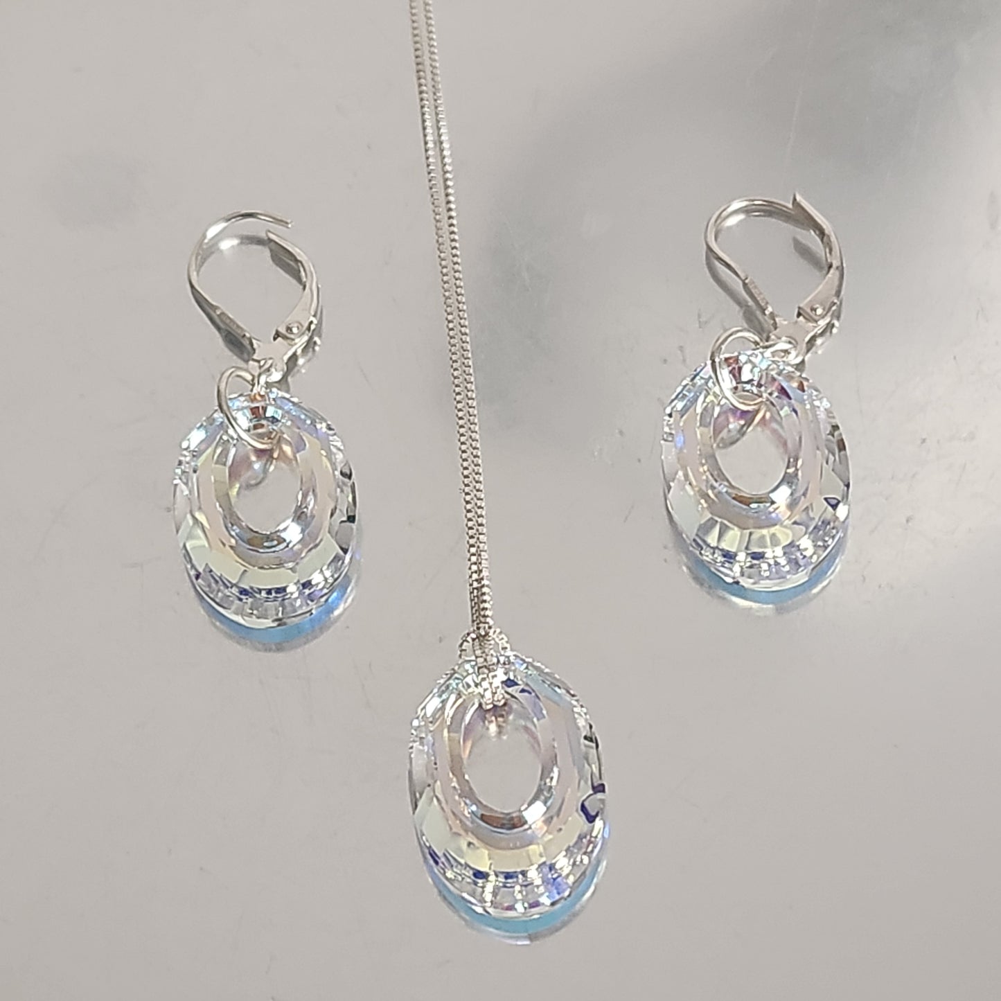 Conjunto Dona Ovalada Aro Brisura Cadena Plata Aurora Boreal