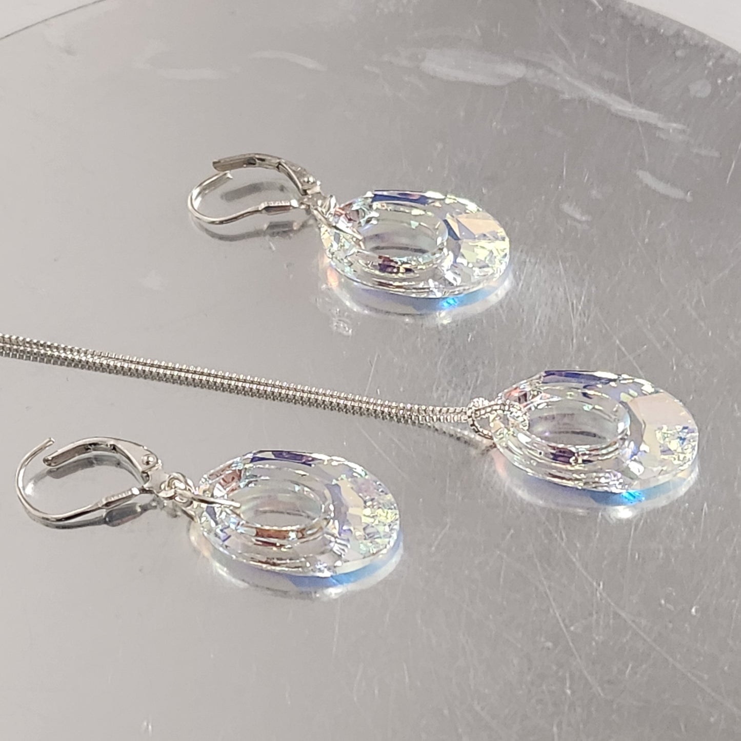 Conjunto Dona Ovalada Aro Brisura Cadena Plata Aurora Boreal