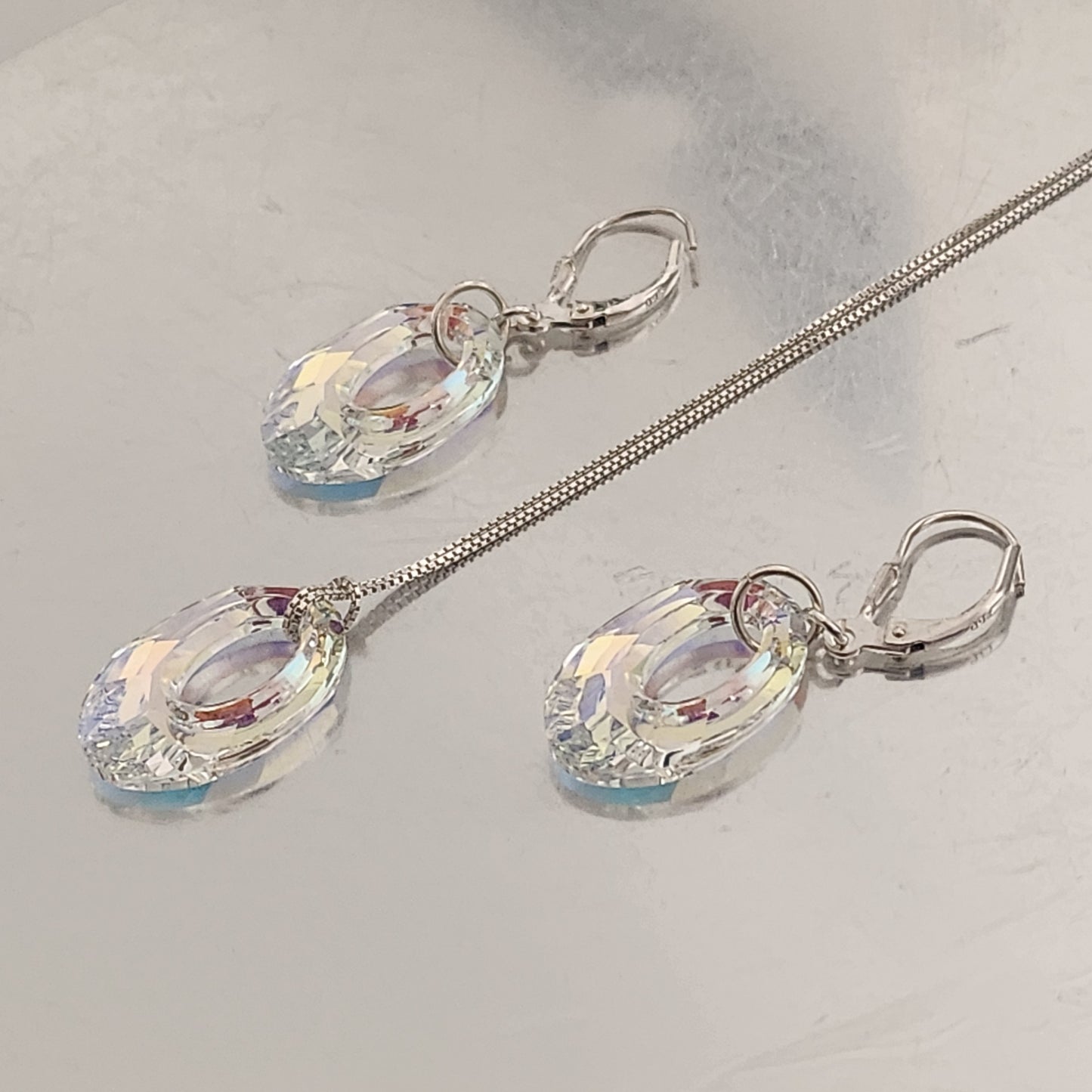 Conjunto Dona Ovalada Aro Brisura Cadena Plata Aurora Boreal