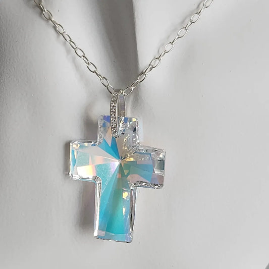 Collar Plata CRUZ Cristal Swarovski Elements 40mm Aurora Boreal