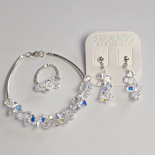 Conjunto Pulsera Anillo Aro Cristal Swarovski Elements Aurora Boreal Plata 925
