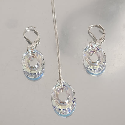 Conjunto Dona Ovalada Aro Brisura Cadena Plata Aurora Boreal