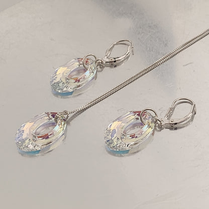 Conjunto Dona Ovalada Aro Brisura Cadena Plata Aurora Boreal