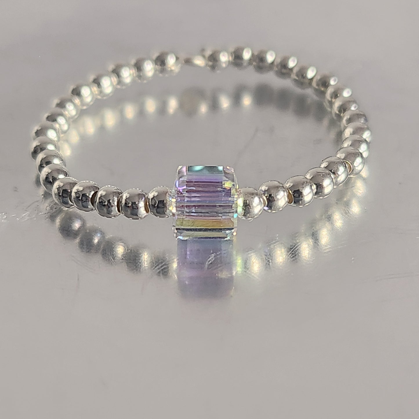 Anillo Elastizado Crystal Swarovski Cubo 4mm Aurora Boreal en Plata 925