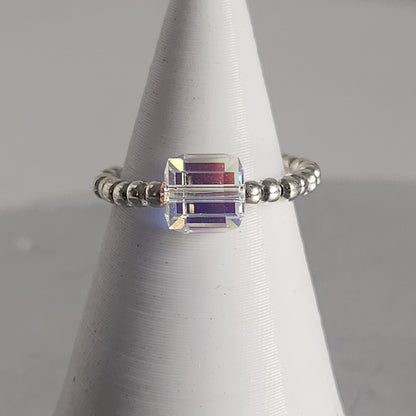 Anillo Elastizado Crystal Swarovski Cubo 6mm Aurora Boreal en Plata 925