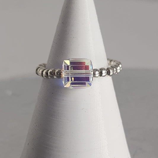Anillo Elastizado Crystal Swarovski Cubo 6mm Aurora Boreal en Plata 925