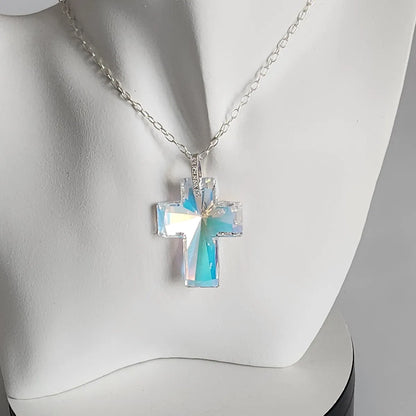 Collar Plata CRUZ Cristal Swarovski Elements 40mm Aurora Boreal